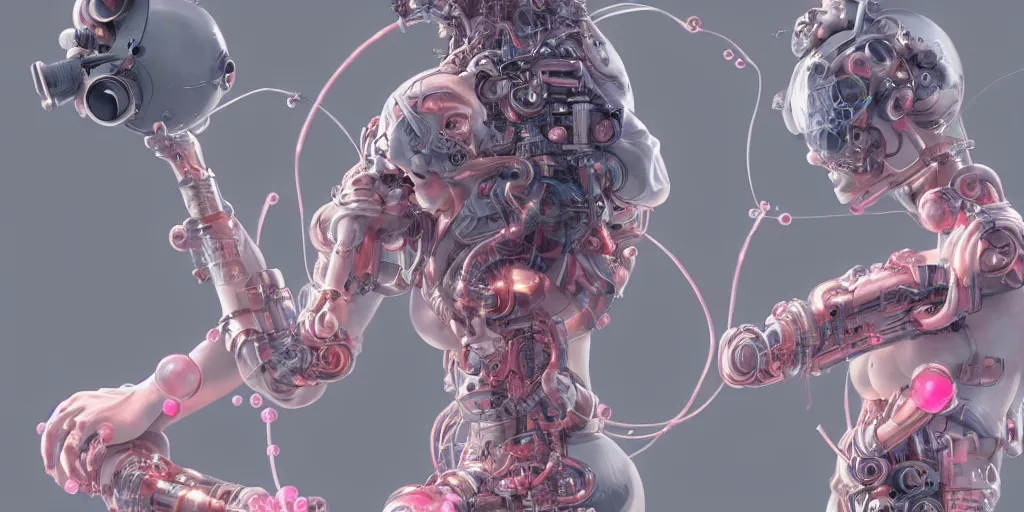 Image similar to hyperrealistic photography of a gorgeous cabled female cyborg scientist making a machine that makes pink bubbles in the style of Jin Kagetsu, James Jean and wlop, highly detailed, masterpiece, award-winning, sharp focus, intricate concept art, ambient lighting, 8k, artstation