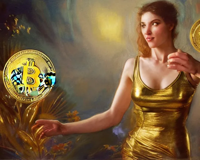 Image similar to attractive athletic woman magically holding a golden bitcoin, commercial by annie liebovitz, gaston bussiere, craig mullins, j. c. leyendecker