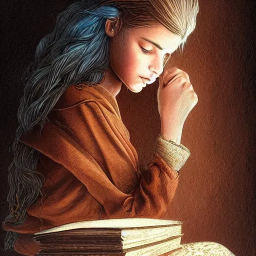 Prompt: village girl reading a book, cinematic, intricate, elegant, highly detailed, digital painting, artstation, concept art, smooth, sharp, focus, illustration, art by artgerm and Johfra Bosschart