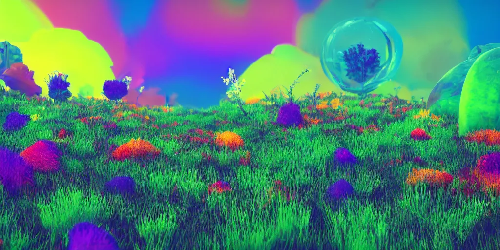 Prompt: color aberration meadows with various types of plants made out of alien materials, abstract, high saturation, colorful, psychedelic, 4k, octane render, trending on artstation