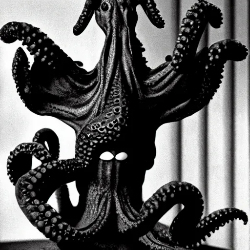 Prompt: mr. rogers wearing a cursed octopus as a hat, darkly lit horror photo