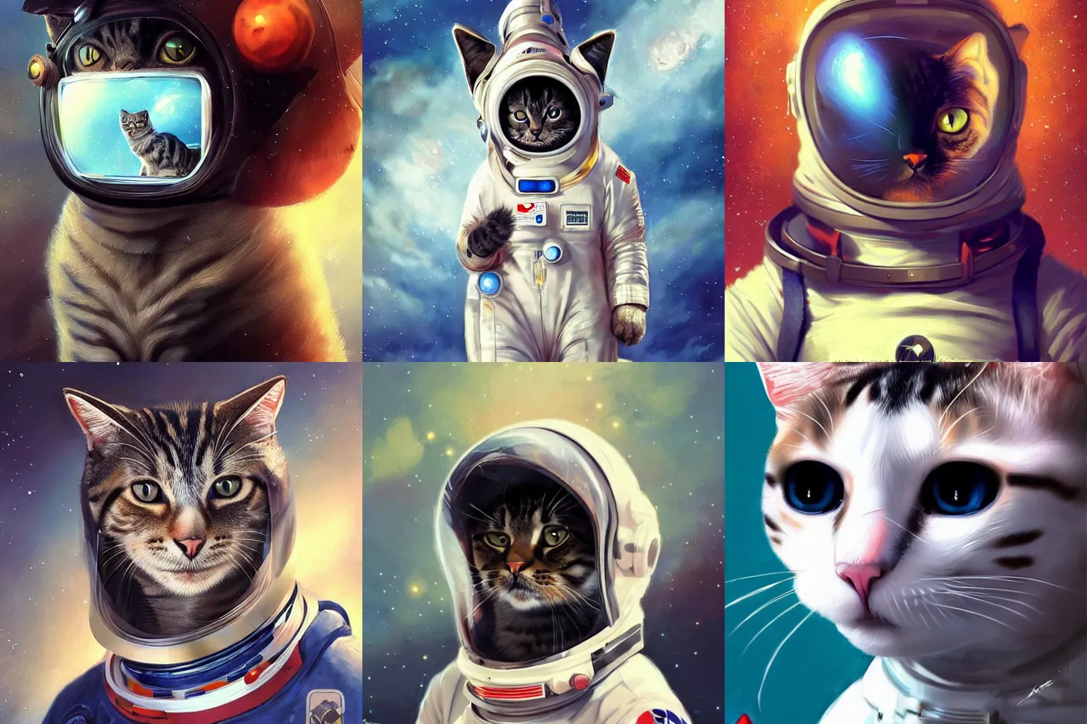 Image similar to head and shoulders masterpiece portrait of a cat wearing a spacesuit, surreal background, digital art by Krenz Cushart, trending on artstation, cgsociety,