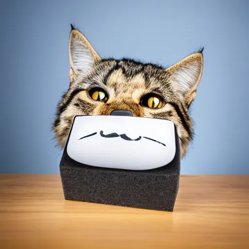 Image similar to a furry cube with a cat face, professional photograph, white background