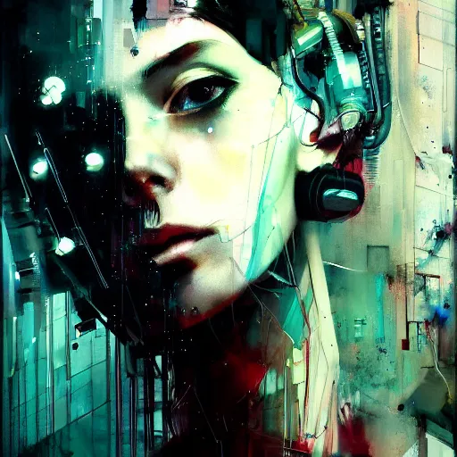 Prompt: beautiful young cyberpunk noir woman vr dreaming of a nightmare glitchcore world of wires, and machines, by jeremy mann, francis bacon and agnes cecile, and dave mckean ink drips, paint smears, digital glitches glitchart
