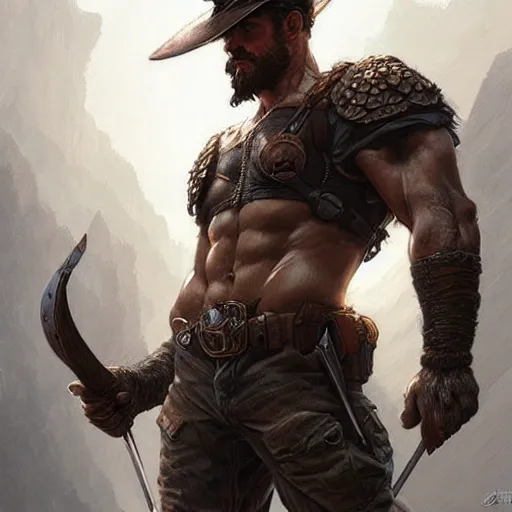 Image similar to rugged ranger’s thighs, handsome, lower body, muscular, exposed thighs, closeup, D&D, fantasy, intricate, elegant, highly detailed, digital painting, artstation, concept art, matte, sharp focus, illustration, art by Artgerm and Greg Rutkowski and Alphonse Mucha