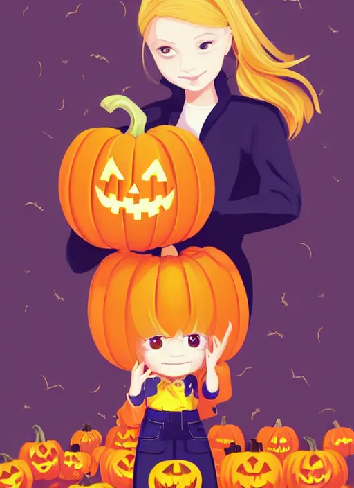 Image similar to little girl with golden blonde hair holding a halloween pumpkin. clean cel shaded vector art. shutterstock. behance hd by lois van baarle, artgerm, helen huang, by makoto shinkai and ilya kuvshinov, rossdraws, illustration, art by ilya kuvshinov