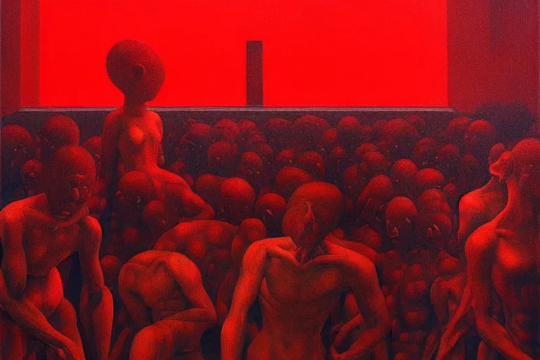 Image similar to only with red, crowd delirious at the sight of a painting, in a city square, in the style of beksinski, parts by edward hopper, parts by rodcenko, parts by yue minjun, intricate and epic composition, red by caravaggio, insanely quality, highly detailed, masterpiece, red light, artstation, 4 k