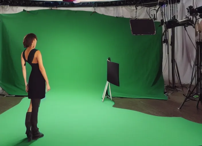 Prompt: a beautiful woman is standing in front of the green screen of the studio. movie vfx breakdown