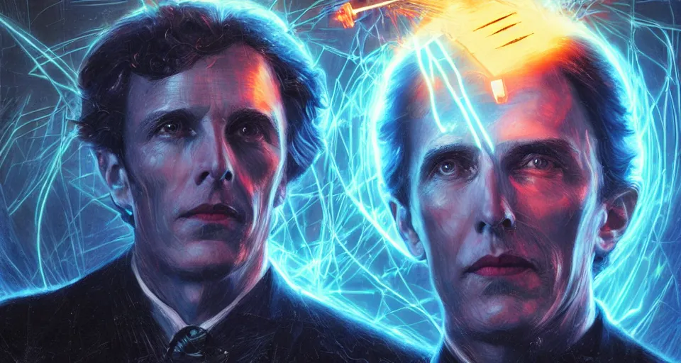 Prompt: electrical arcs form the body of nikolai tesla as he is surrounded by faint bolts of electricity, digital art, intricate, dramatic lighting, neon colors, cinematic, holographic runes, art by artgerm, greg rutkowski, guy denning