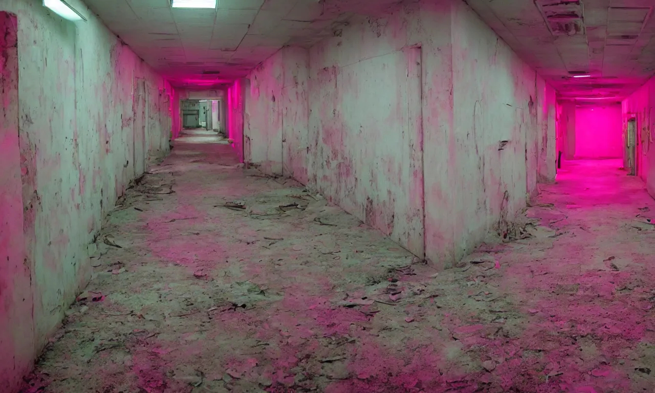 Image similar to backrooms abandoned mall, ominous neon pink lighting, moldy walls and shallow water, shadowy tall figures in the distance