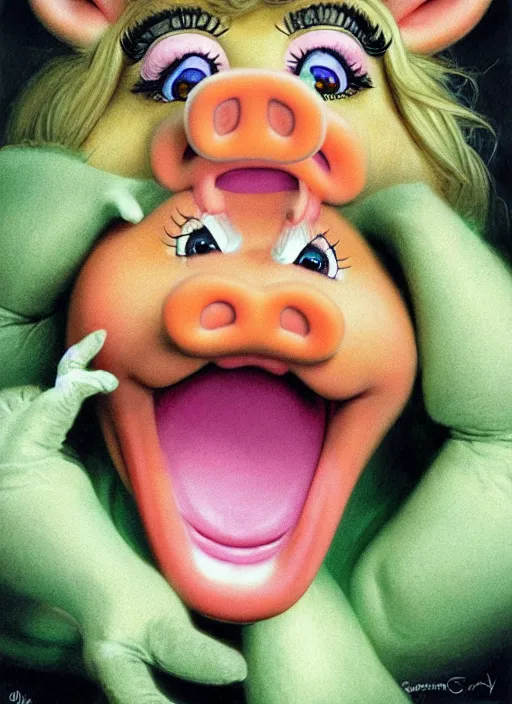 Image similar to portrait of a Screaming Miss Piggy in Society (1989), highly detailed, centered, solid color background, digital painting, artstation, concept art, smooth, sharp focus, illustration, artgerm, donato giancola, Joseph Christian Leyendecker, Les Edwards, Ed Repka, WLOP, Artgerm