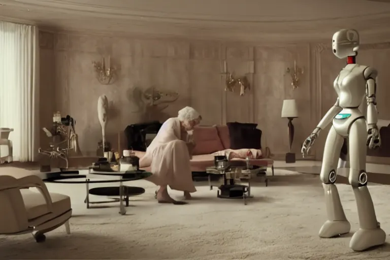 Image similar to VFX movie of old woman helping sleek futuristic robot in a decadent living room by Emmanuel Lubezki