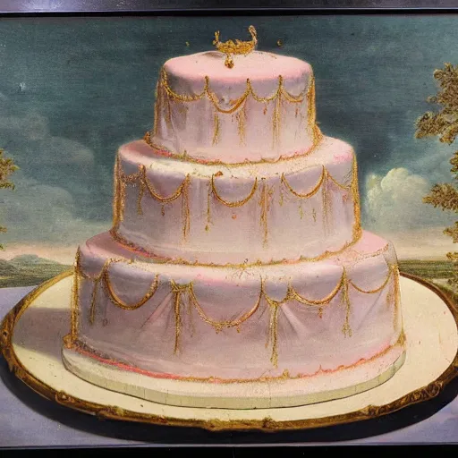 Prompt: 1700s painting of a wedding cake, high detail, believable,