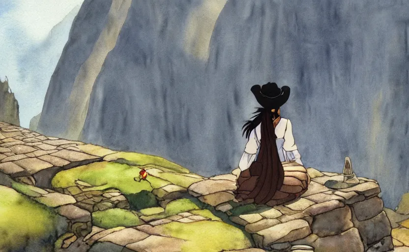 Image similar to a realistic and atmospheric watercolor from howl's moving castle ( 2 0 0 4 ) of a witch in lotus position in machu pichu. very dull muted colors, hd, 4 k, hq