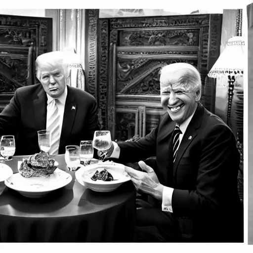 Image similar to Trump and Biden having dinner at a fancy Balinese restaurant, award winning photography, 85mm, perfect faces