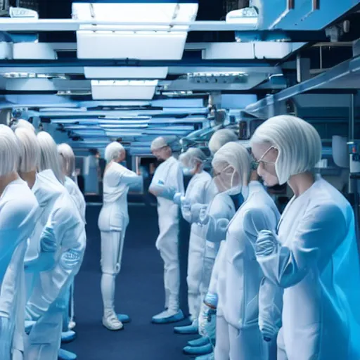 Prompt: troop of identical athletic female clones in formation, white hair, tight light blue neopren suits, in rows, futuristic chemistry lab, sci - fi, highly detailed, cinematic