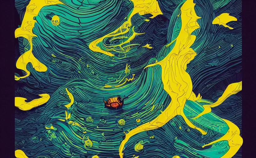 Image similar to dark ocean, complex patterns, yellow, artstation, intricate, realistic, highly detailed, digital painting, concept art, sharp focus, illustration by tom whalen and charles williams and kilian eng and james jean