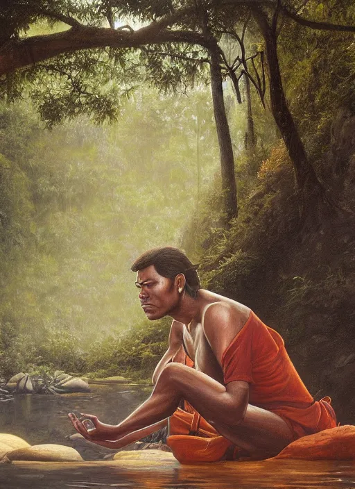 Image similar to a realistic painting of an indigenous man meditating near a river in the amazon jungle, highly detailed, trending on devian art, art by christophe vacher