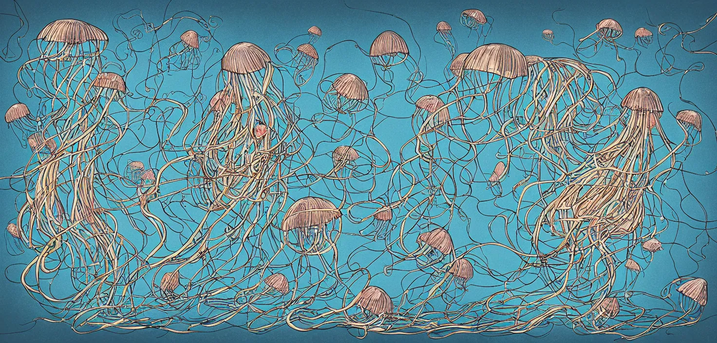 Image similar to cartoon storybook illustration of A floating island of jellyfish tangled together into nets by jellyfish cannons