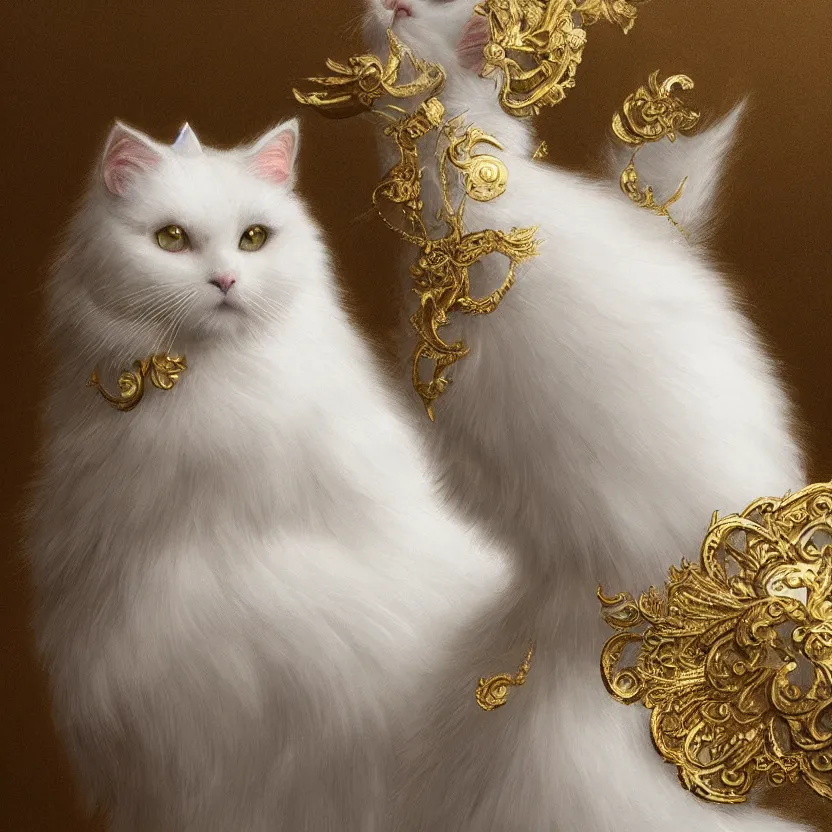 Image similar to amazing exquisite matte painting, close - up portrait of a white fluffy cat, sacred,, shimmer, exquisite detail huge details, gold detailed line work, by xision and yukii morita,, james jean, trending on artstation