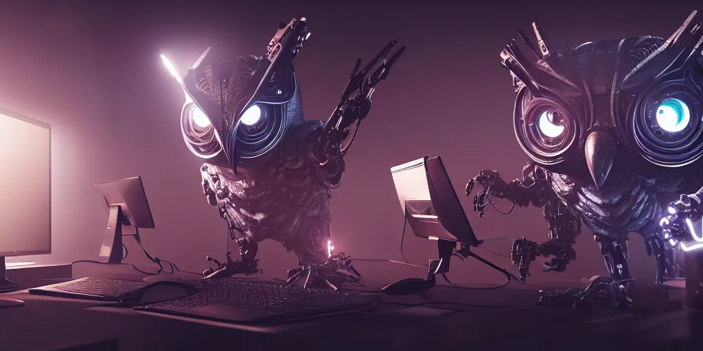 Image similar to an giant evil, malevolent, cyborg owls looking at a computer, surrounded by computer screens. this 4 k hd image is trending on artstation, featured on behance, well - rendered, extra crisp, features intricate detail and the style of unreal engine. volumetric lighting octane render