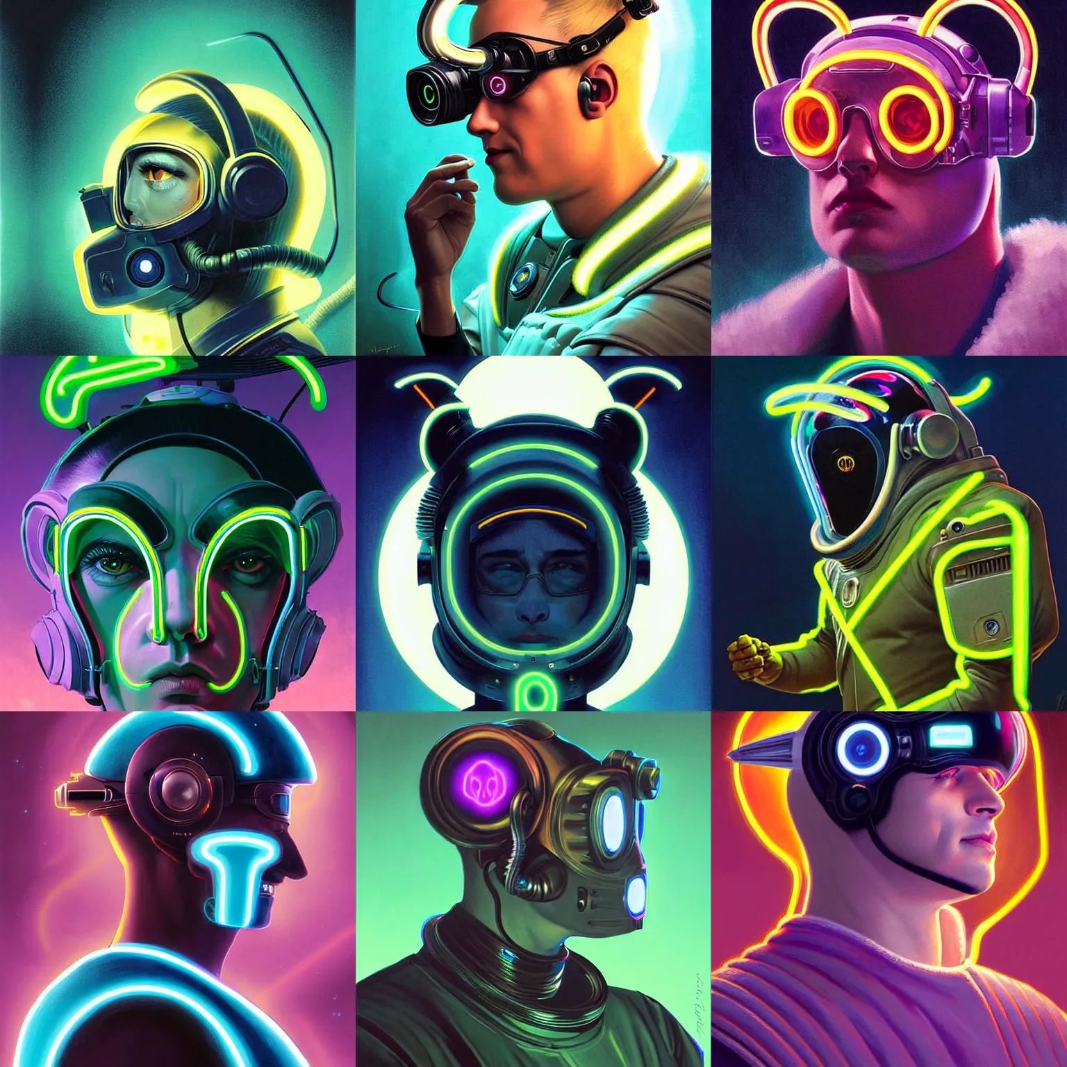 Prompt: a wolve in sheep's clothing, sillouete side view, stylized cyclops display over eyes and sleek glowing headset, neon accents, holographic colors, desaturated headshot portrait digital painting by leyendecker, donato giancola, philip coles, ivan bilibin, john berkey, astronaut cyberpunk electric lights profile