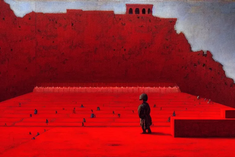 Image similar to only with red, a red melted emperor, taormina amphitheatre, crowd hails him happy, in the style of beksinski, parts by edward hopper, parts by rodcenko, parts by yue minjun, intricate and epic composition, red by caravaggio, insanely quality, highly detailed, masterpiece, red light, artstation, 4 k