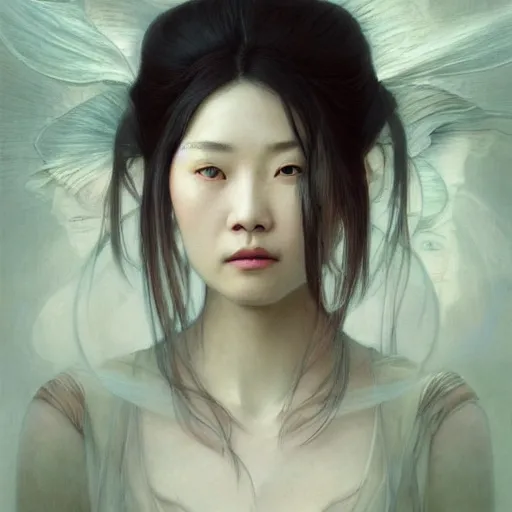 Image similar to A portrait of A Chinese woman with long hair by Ross Tran!!! and alphonse mucha and greg rutkowski! and gustav doré! and Zdzisław Beksiński!,In style of digital art illustration.Symmetry.Highly detailed face.Fantasy,smooth,hyper detailed,sharp focus,Soft light.trending on artstation.