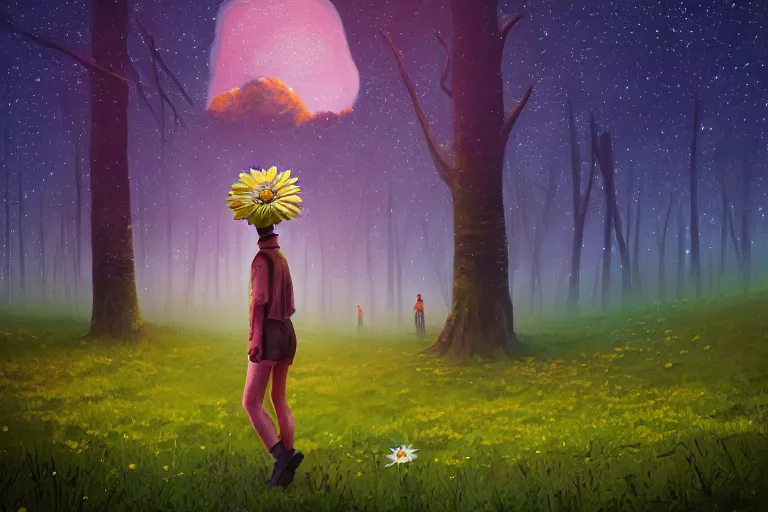 Image similar to giant daisy flower as a head, girl walking forest, big trees, hills, surreal photography, dark night, star trails, moon light, impressionist painting, clouds, digital painting, artstation, simon stalenhag