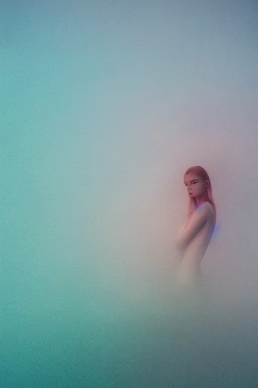 Image similar to high quality pastel coloured film close up wide angle photograph of a model wearing clothing swimming on cloud furniture in a icelandic black rock!! environment in a partially haze filled dreamstate world. three point light, rainbow. photographic production. art directed. pastel colours. volumetric clouds. pastel gradient overlay. waves glitch artefacts. extreme facial clarity. 8 k. filmic.