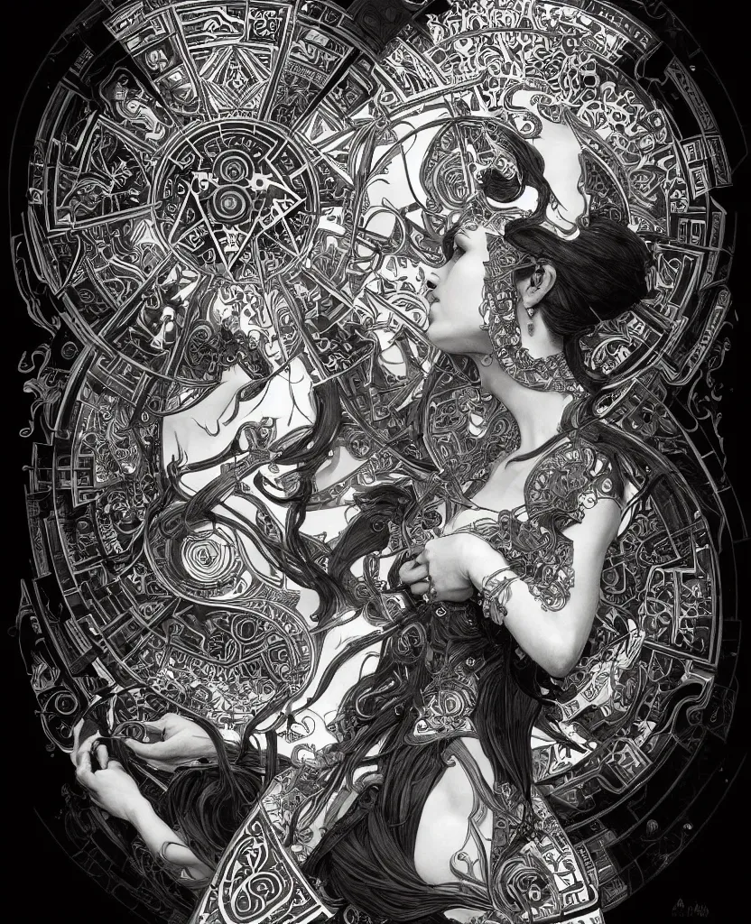 Image similar to black and white illustration of geometrical alchemical glyphs, deep focus, intricate, elegant, highly detailed, pen and ink style, artstation, concept art, matte, sharp focus, art by artgerm and greg rutkowski and alphonse mucha