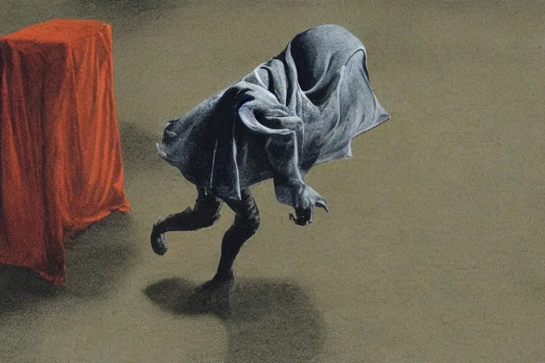 Image similar to ring wraith sniffing the ground, movie still, ultra realism, very detailed, style of francis bacon