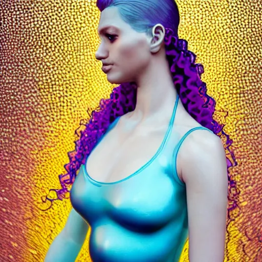Prompt: Vass Roland, flume, former cover art body art hand behind head pose curly jellyfish hair future bass girl unwrapped smooth folds of silk fabric skin huge curly hair serious girl body statue bust curls of hair petite lush side view body photography model full body curly jellyfish lips art contrast vibrant futuristic fabric skin jellyfish material metal style of Jonathan Zawada, Thisset colours simple background objective coherent