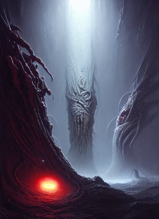 Image similar to stunning cosmic horror great old ones!! lovecraftian horror, dead space horror!! cinematic lighting, muted colours, digital art, winning award masterpiece, fantastically beautiful, aesthetically inspired by wayne barlowe and gerald brom, trending on artstation, art by greg rutkowski, octane render, unreal engine, 8 k