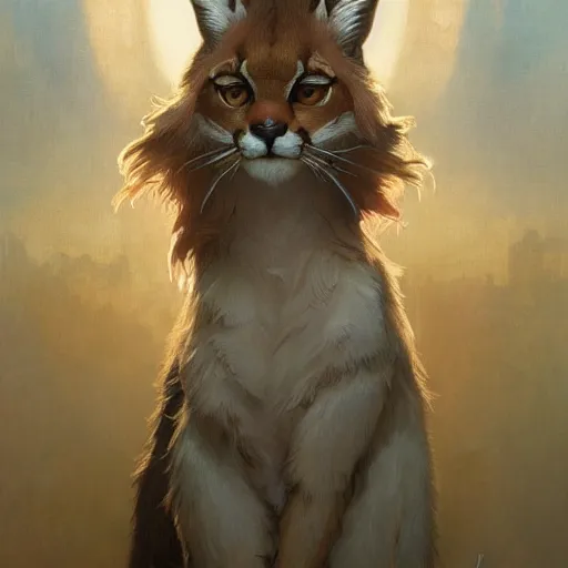 Image similar to concept art, a cute fluffy caracal dressed in toga, 8 k, alphonse mucha, james gurney, greg rutkowski, john howe, artstation