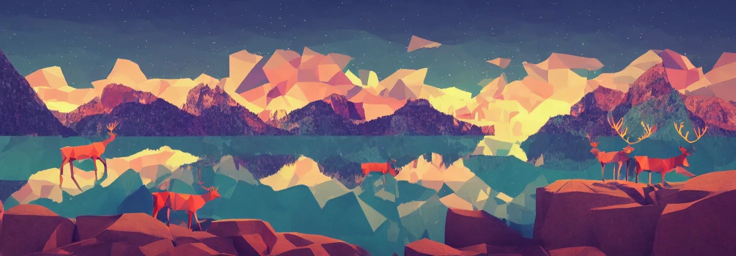 Prompt: super detailed color lowpoly art, northern sunset with rocks on front, blured monochromic lake in the middle of perspective and mountains at background, graphic reindeers in random points, unreal engine, david hockney color palette, 3d render, lowpoly, colorful, digital art