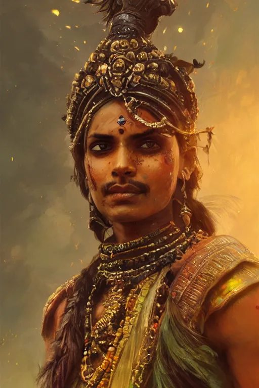 Image similar to hindu warrior, close - up portrait, fierce, intricate, elegant, volumetric lighting, scenery, digital painting, highly detailed, artstation, sharp focus, illustration, concept art, ruan jia, steve mccurry