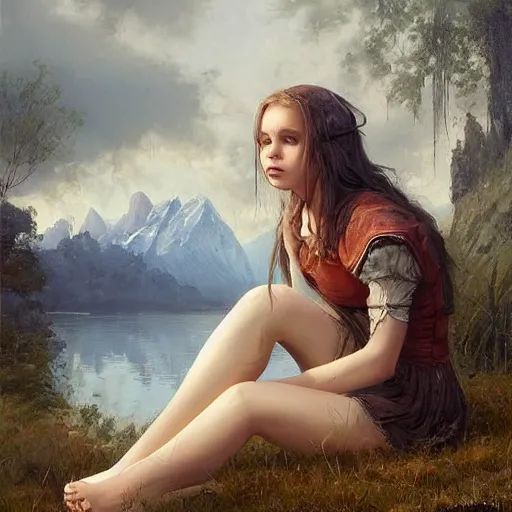 Image similar to Cute young Harpy girl, wearing medieval clothes, sad expression, sitting at a pond, mountainous area, trees in the background, oil painting, by Greg Rutkowski