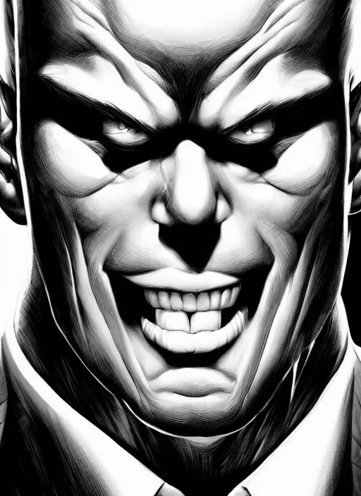 Image similar to aesthetic digital illustration of a handsome young man with a sinister grin by brian bolland, rachel birkett, alex ross, and neal adams | dark, intimidating, imposing, portrait, character concept, concept art, unreal engine, finalrender, centered, deviantart, artgerm