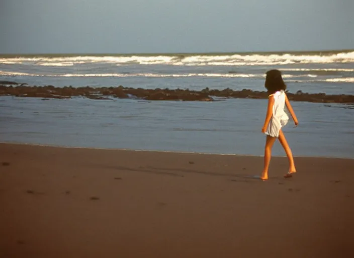 Image similar to 90's Professional Color Photography, Nikon, A girl in white walking on the beach, Summer