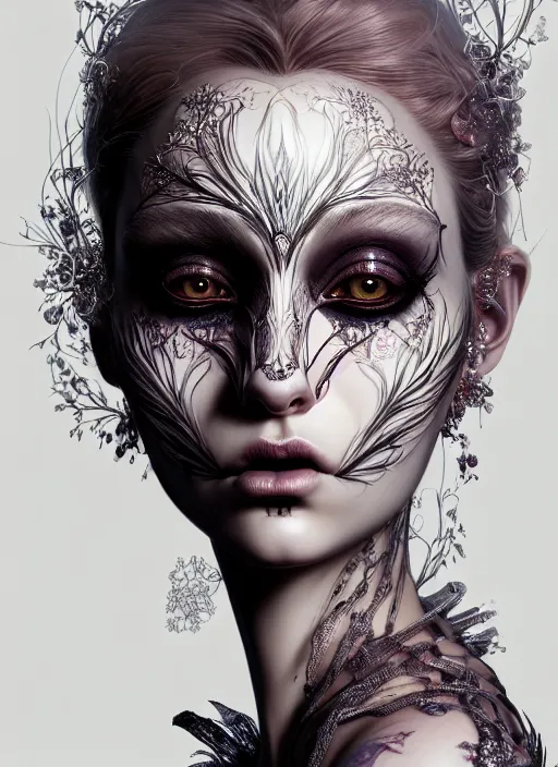 Image similar to portrait of an absurdly beautiful, graceful, sophisticated, fashionable dark witch, hyperdetailed illustration by irakli nadar and vania zouravliov, matt wisniewski style, intricate linework, day - glow face paint, unreal engine 5 highly rendered, global illumination, radiant light, detailed and intricate environment