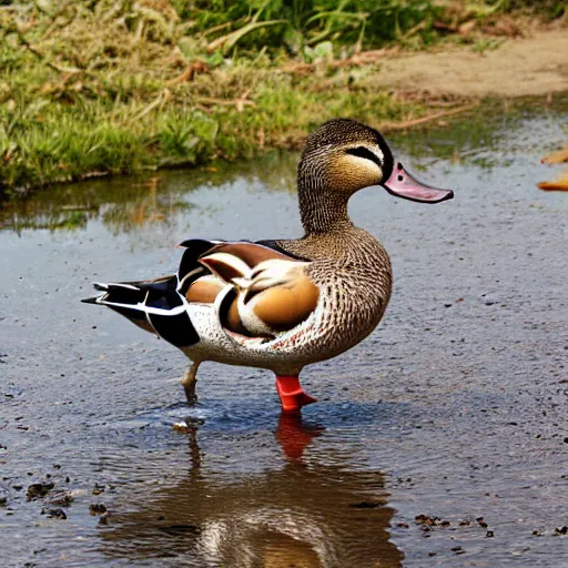 Prompt: a duck wearing rubber boots in the french countryside, realistic, detailed, 8 k