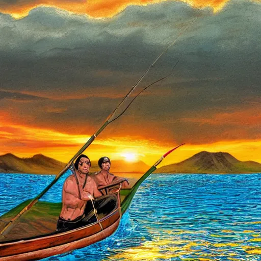 Prompt: maui and his brothers in a traditional maori waka canoe, fishing up an island, highly detailed, photorealistic, pulitzer prize winning, golden hour, sunset