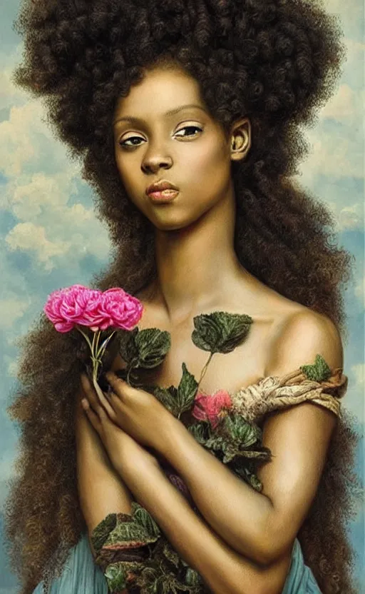 Image similar to surrealism, beautiful black woman with curly hair, holding flowers, hyper realism, muted colours, rococo, highly detailed, realistic, portrait