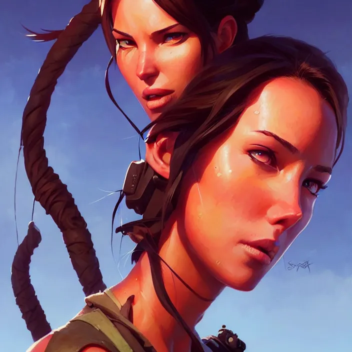 Image similar to super epically depicted color pencil portrait art of lara croft, by stephen bliss, greg rutkowski, loish, rhads, makoto shinkai and lois van baarle, ilya kuvshinov, rossdraws.