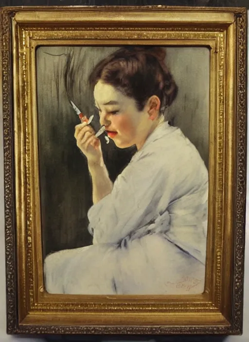 Prompt: vintage beautiful painting of nurse tying to light a 🚬 on the dark in an overgrown sanatorium in Mary Cassatt style