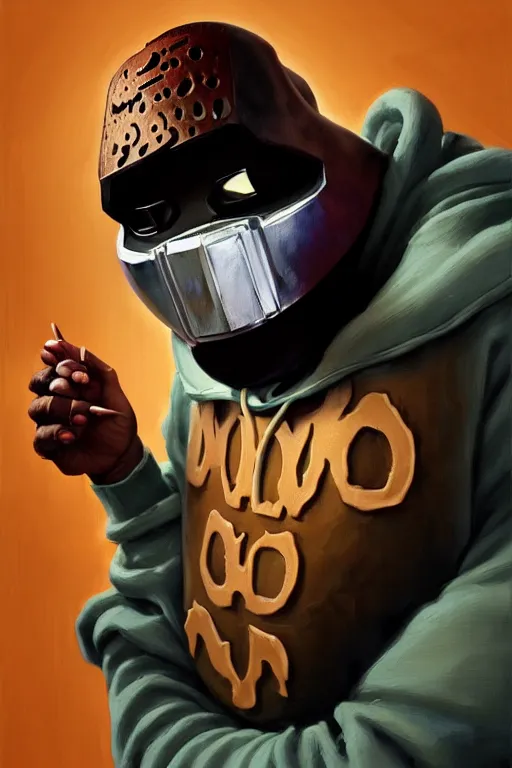 Image similar to mf doom as cooking pancakes animation pixar style, mf doom rapper madvillain, lighting poster by magali villeneuve, artgerm, jeremy lipkin and michael garmash, rob rey and kentaro miura style, trending on art station