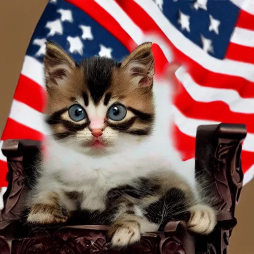 Prompt: burning kitten sitting on thrones of swords, lightning striking around, american flag in background