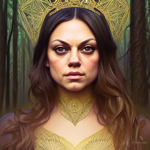 Image similar to symmetry portrait of mila kunis princess, forest background, intricate, elegant, highly detailed, digital painting, artstation, concept art, smooth, sharp focus, illustration, art by artgerm and greg rutkowski and fra angelico and alphons mucha