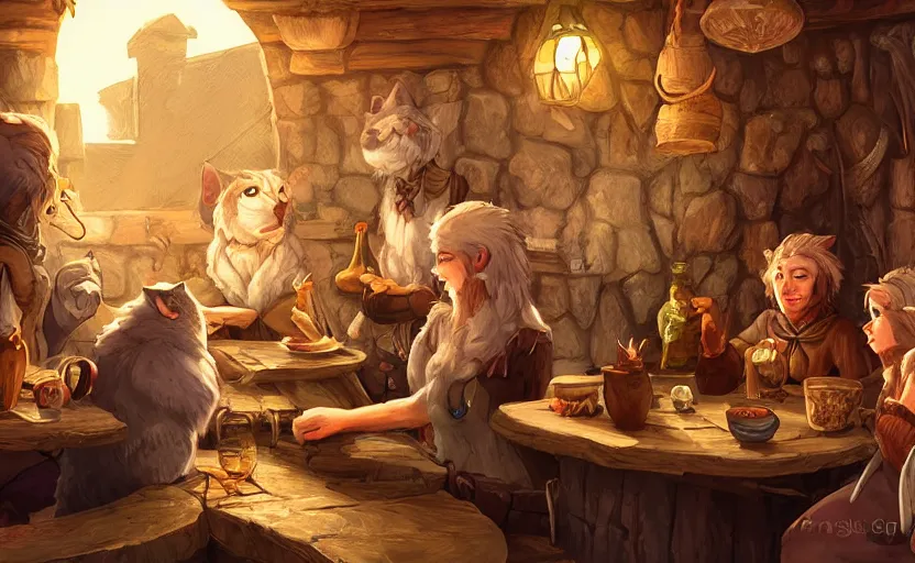 Prompt: cat folk talking inside a tavern, fantasy art, cozy, dnd, digital art, 4 k